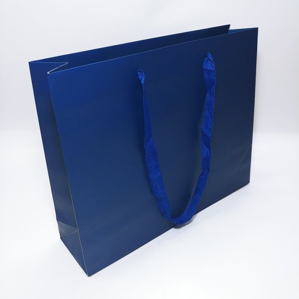 Blue Matt Paper Bag with Long Ribbon Handles 