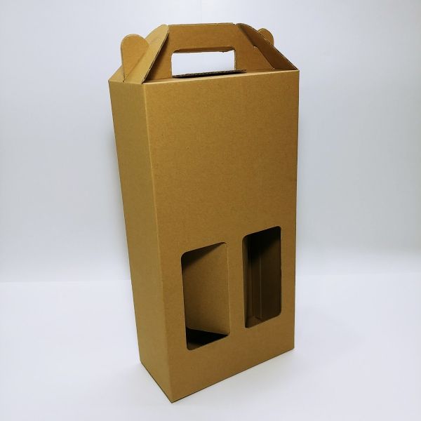 Brown Corrugated 2 Bottle Window Wine Box 