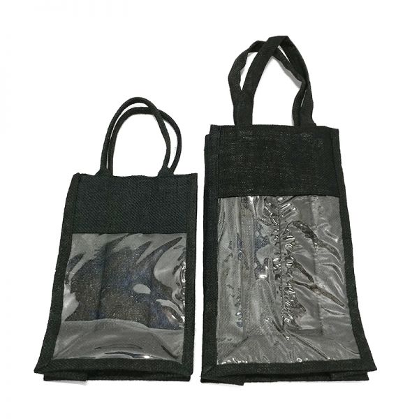 Black Double Wine Jute Bag with PVC Window 