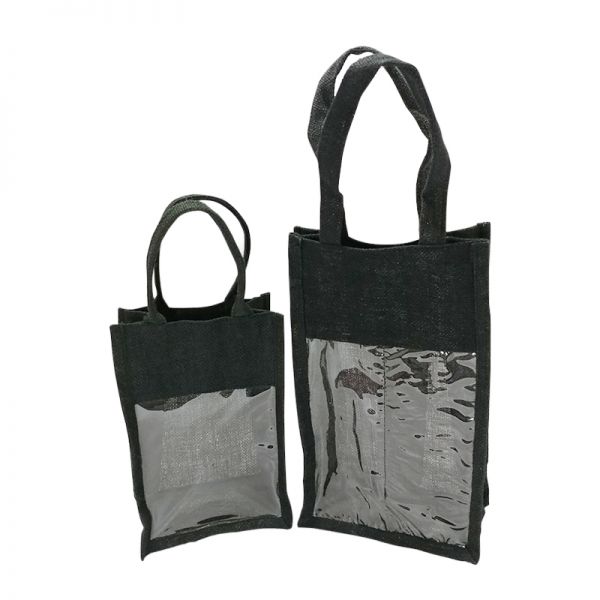 Black Double Wine Jute Bag with PVC Window 