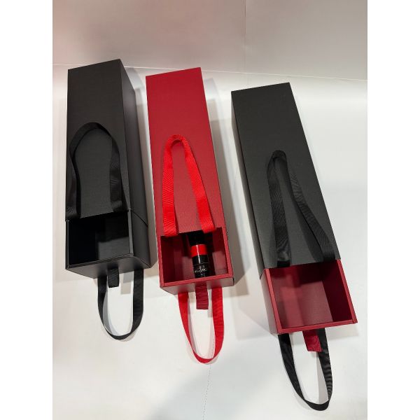 Matt Black and Red Texture Single Wine  Drawer Box  with Ribbon Handles 