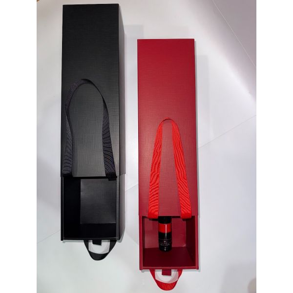 Matt Black and Red Texture Single Wine  Drawer Box  with Ribbon Handles 