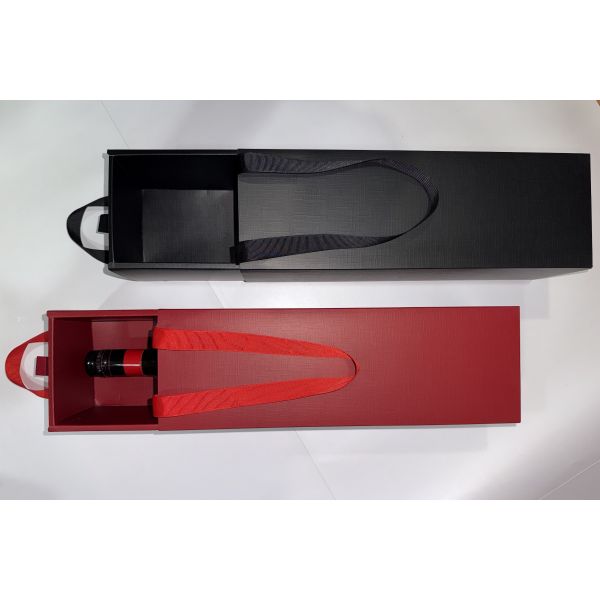 Matt Black and Red Texture Single Wine  Drawer Box  with Ribbon Handles 