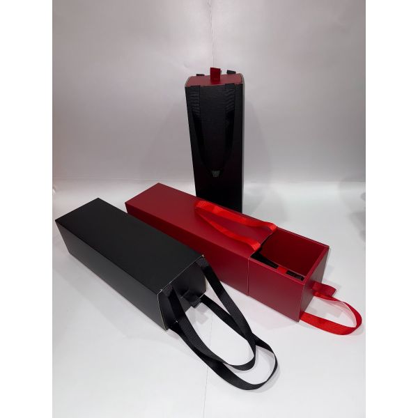 Matt Black and Red Texture Single Wine  Drawer Box  with Ribbon Handles 