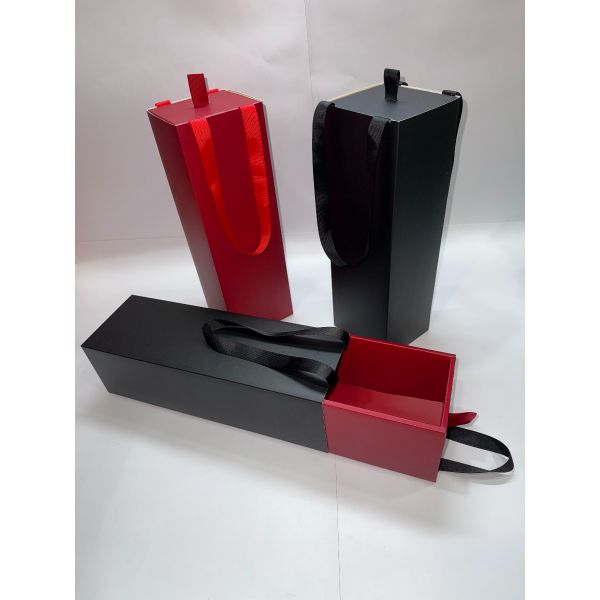 Matt Black and Red Texture Single Wine  Drawer Box  with Ribbon Handles 