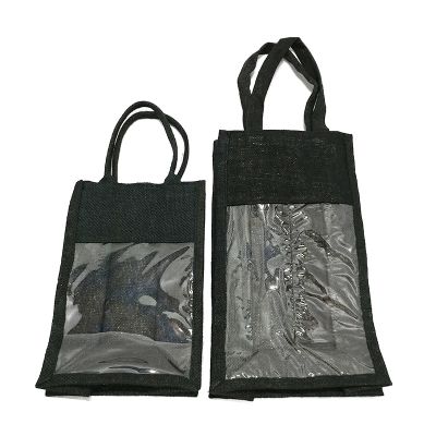 Black Double Wine Jute Bag with PVC Window 