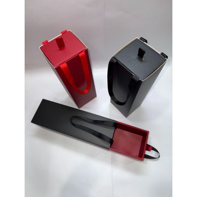 Matt Black and Red Texture Single Wine  Drawer Box  with Ribbon Handles 